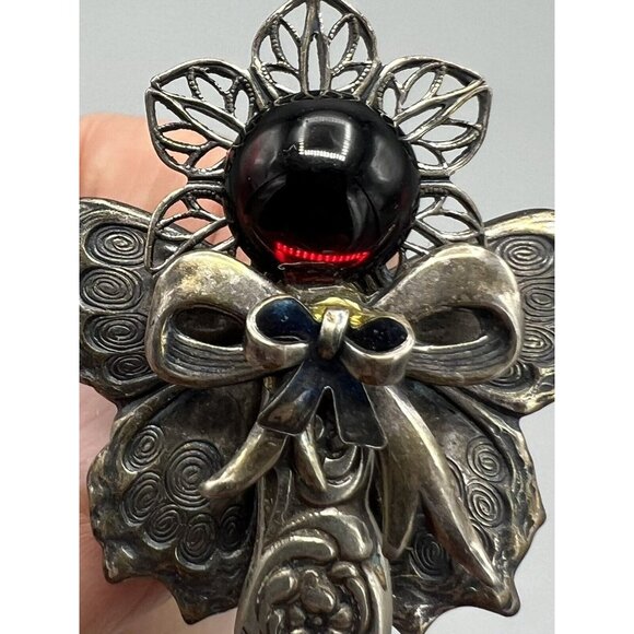 Vintage Rogers Signed Angel Brooch Pin Silver Plate Red Stone 1.5” Floral Bow - Picture 4 of 7
